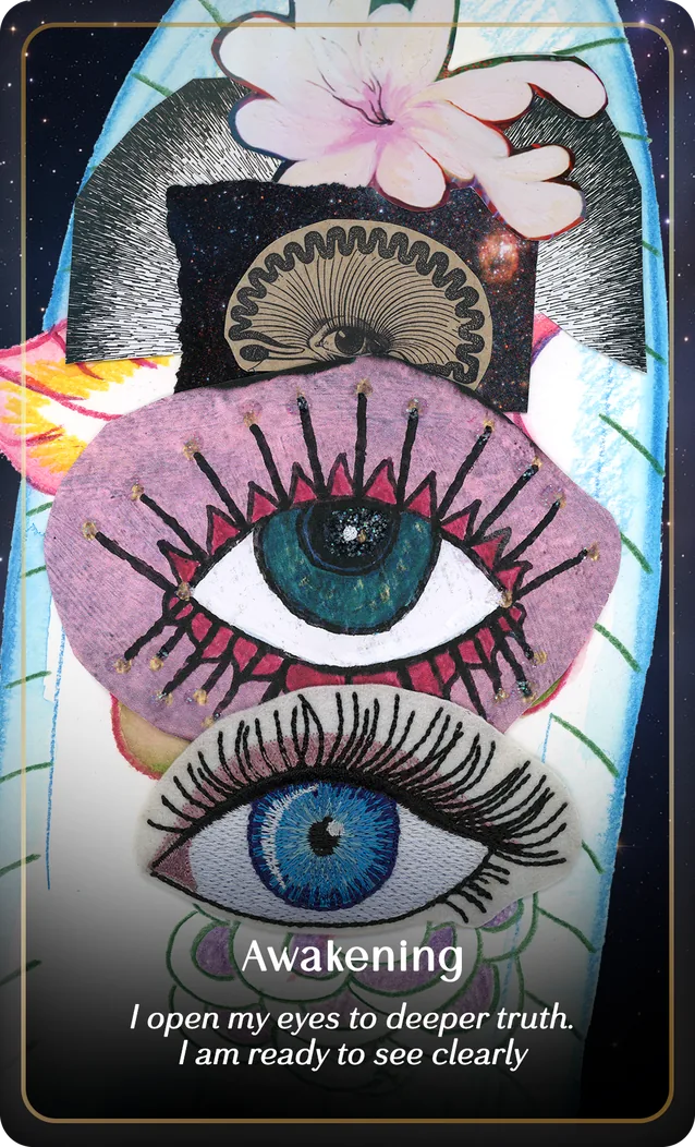 P+M Oracle card Awakening: three stacked eyes, painted and embroidered, beneath a pink flower on a pale blue arch. “I open my eyes to deeper truth. I am ready to see clearly”