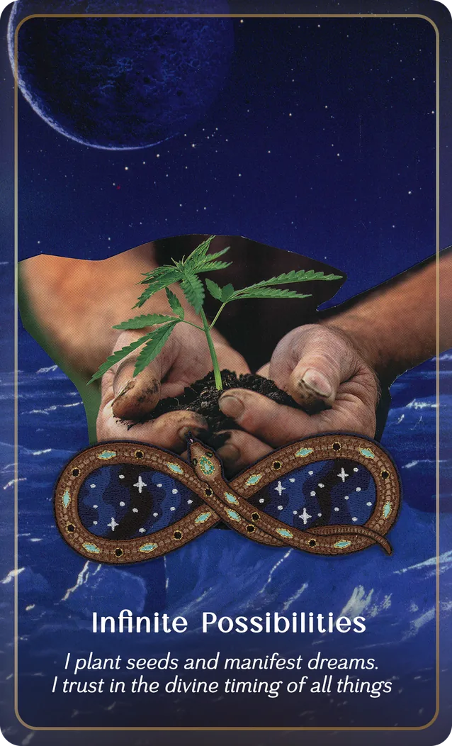 P+M Oracle card Infinite Possibilities: cupped hands holding a seedling above an embroidered infinity snake, under a crescent moon. “I plant seeds and manifest dreams. I trust in the divine timing of all things”