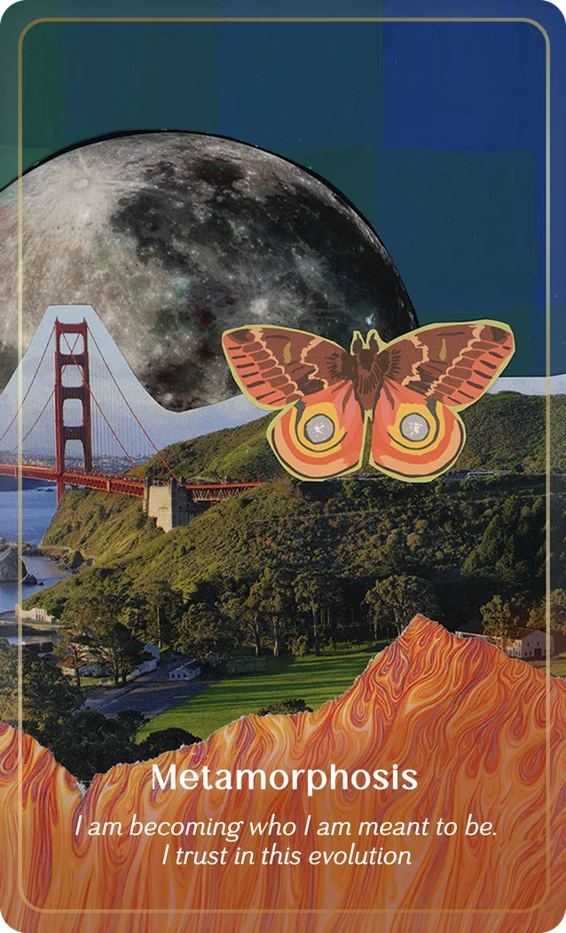 P+M Oracle card Metamorphosis: a moth and full moon over the Golden Gate Bridge and green hills, above marbled orange paper. “I am becoming who I am meant to be. I trust in this evolution”