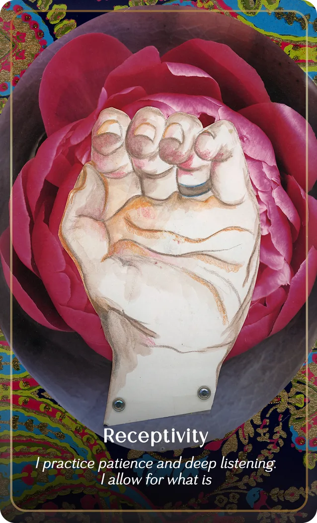 P+M Oracle card Receptivity: a drawn hand rising from a deep pink peony on a paisley ground. “I practice patience and deep listening. I allow for what is”