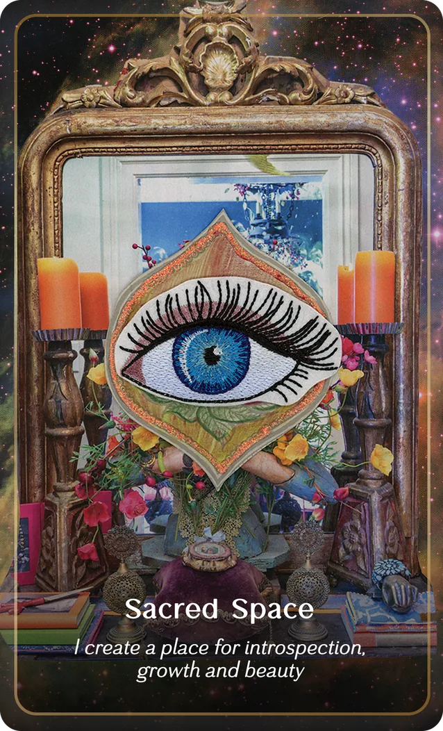 P+M Oracle card Sacred Space: an embroidered eye before a gilded mirror altar with candles and flowers. “I create a place for introspection, growth and beauty”