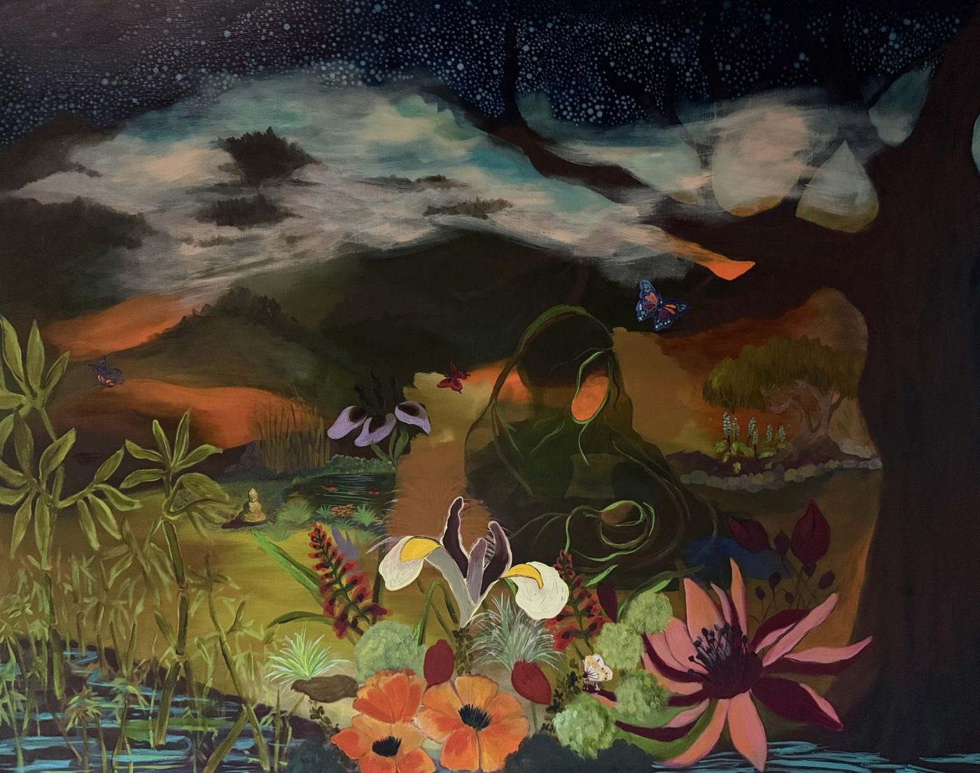 Painting of a night landscape with dark hills under swirling pale clouds, tall grasses and a garden of orange and pink flowers in the foreground.