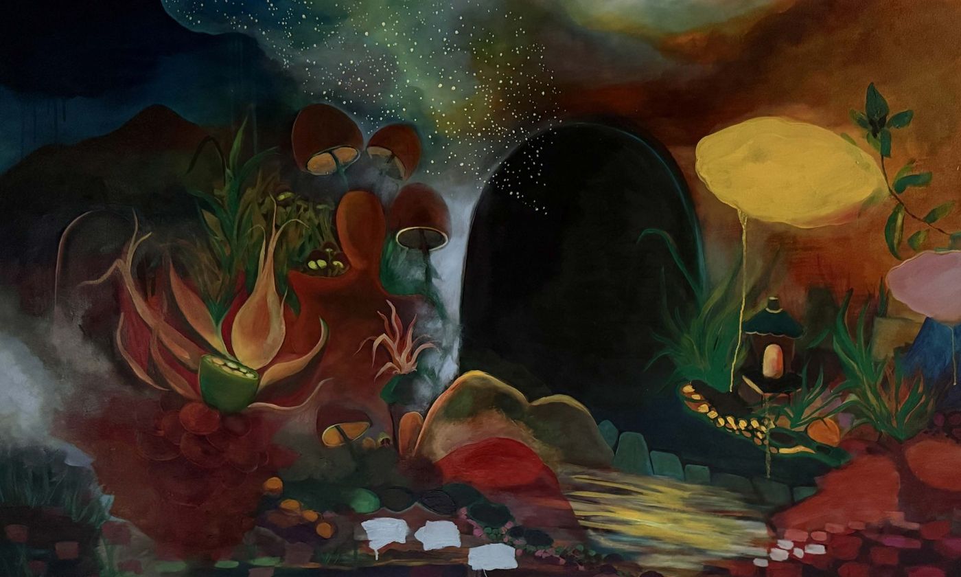 Painting of a dark cave mouth among red and orange plants, with a yellow moon-like form and a spray of stars above.