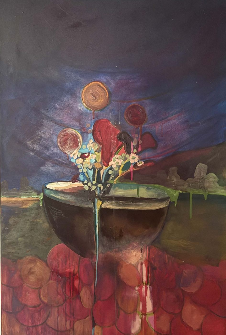Painting of a dark bowl holding a small spray of flowers above a field of red petal shapes, against a deep violet sky.