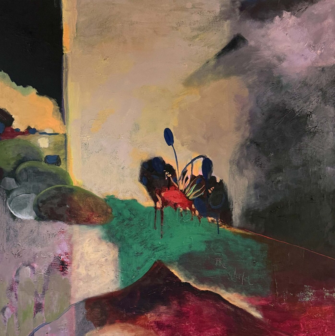 Abstract painting in gray, violet and green, with a dark flower bursting from the center and a black band along the bottom.