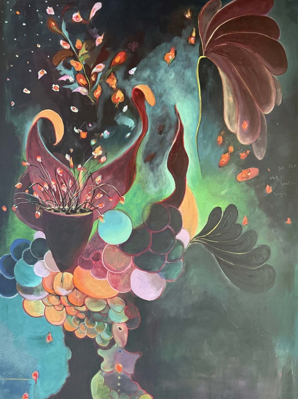 Painting of dark plume-like forms over teal water, with clusters of glowing orange circles and petals drifting across a night background.