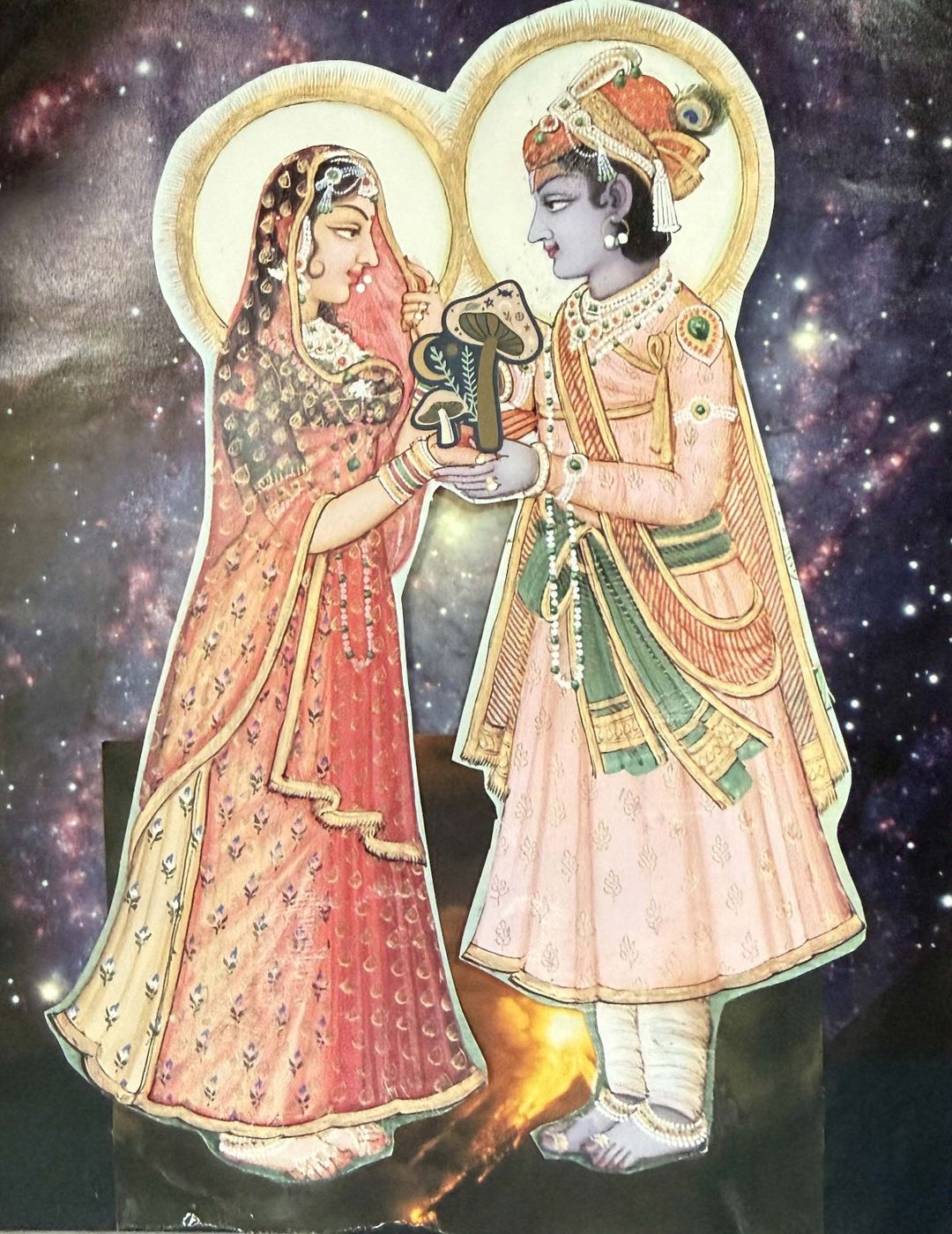 Collage of a couple in traditional Indian dress, haloed in gold and sharing a small plant, against a starry galaxy.