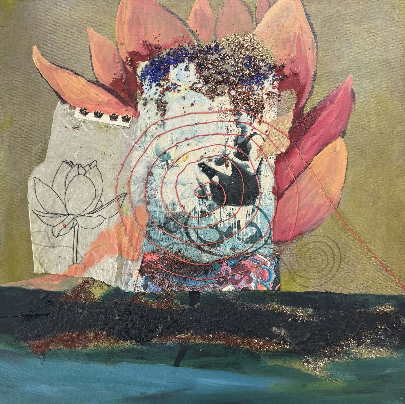 Mixed media piece with a large pink lotus, glittering beads and a spiral over line drawings, above a dark teal band.