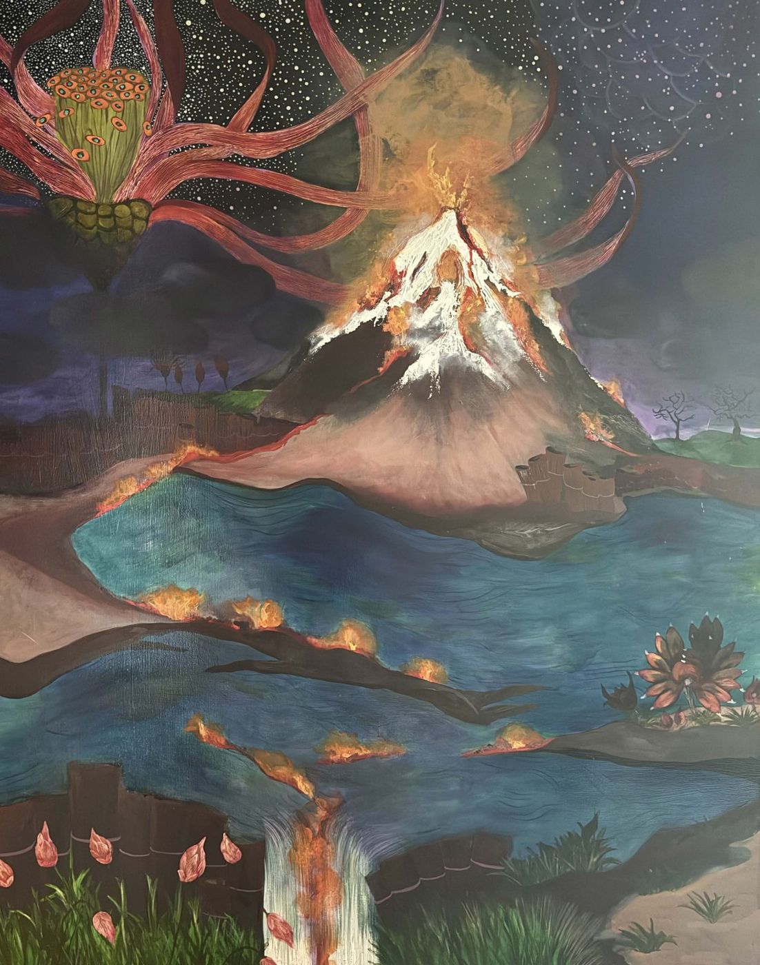 Painting of a snowcapped peak above a cool blue river, with a starry sky and pink lotus forms rising at the top.