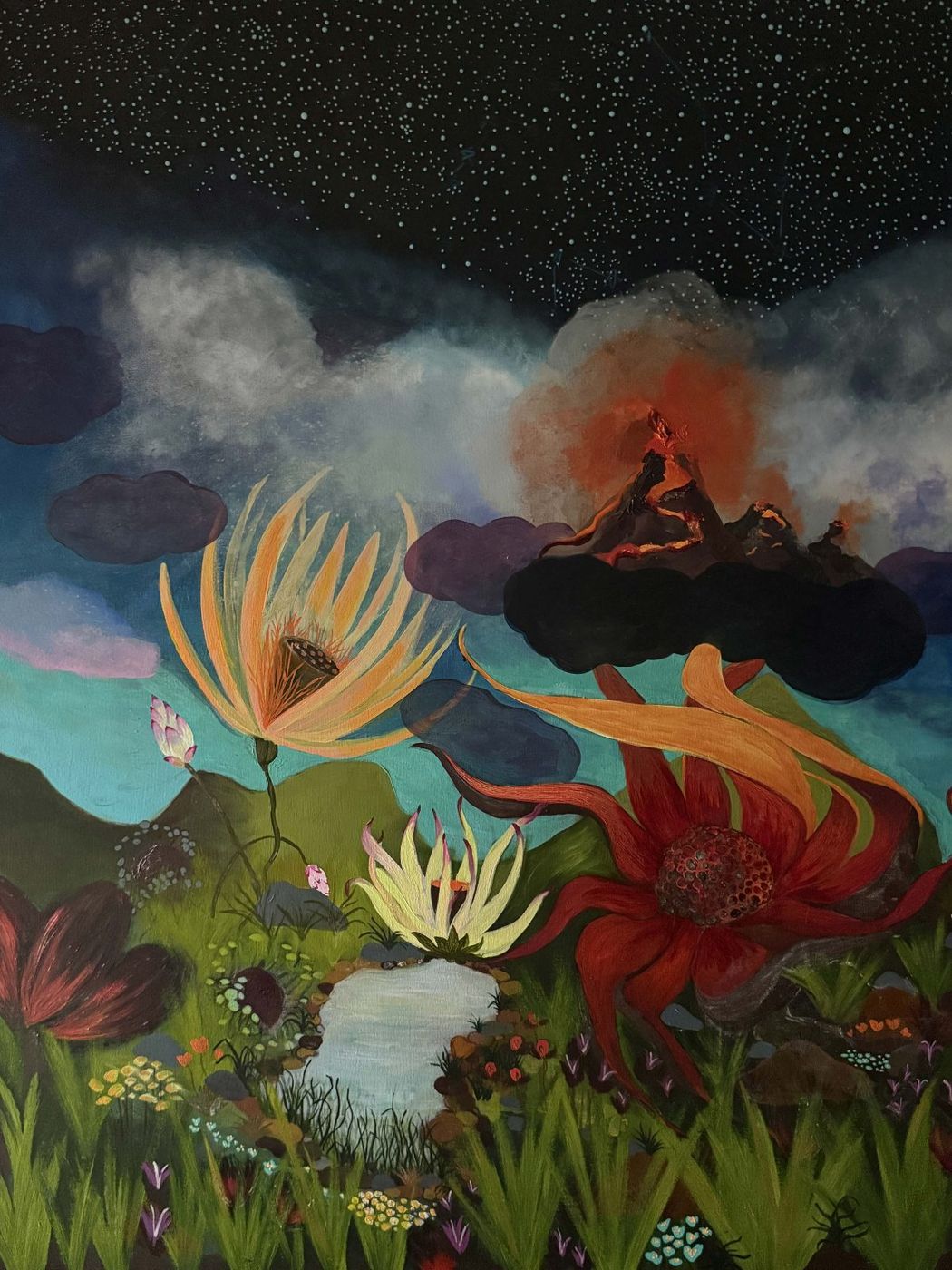 Painting of red, orange and pale flowers in lush green grass under drifting gray clouds and a dark starry sky.