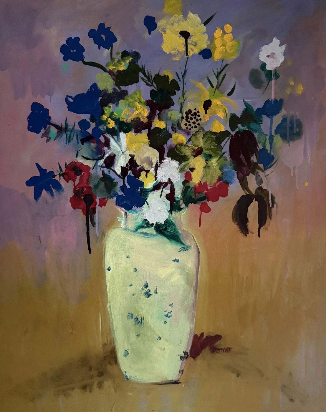 Painting of a loose bouquet of yellow, blue and red flowers in a pale green vase, on a purple and ochre ground.