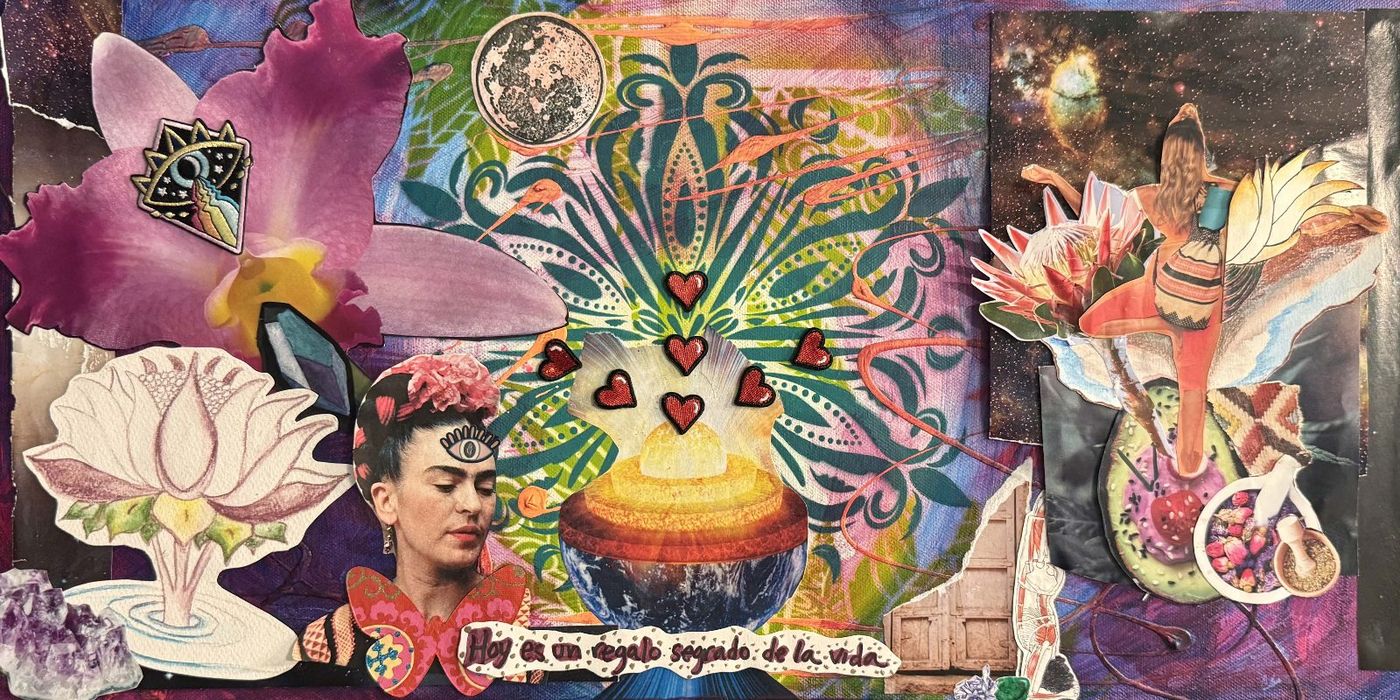 Collage of a radiant golden bowl with red hearts and a fan of green leaves, flanked by an orchid, a lotus, a portrait of Frida Kahlo and a hand-lettered phrase in Spanish.