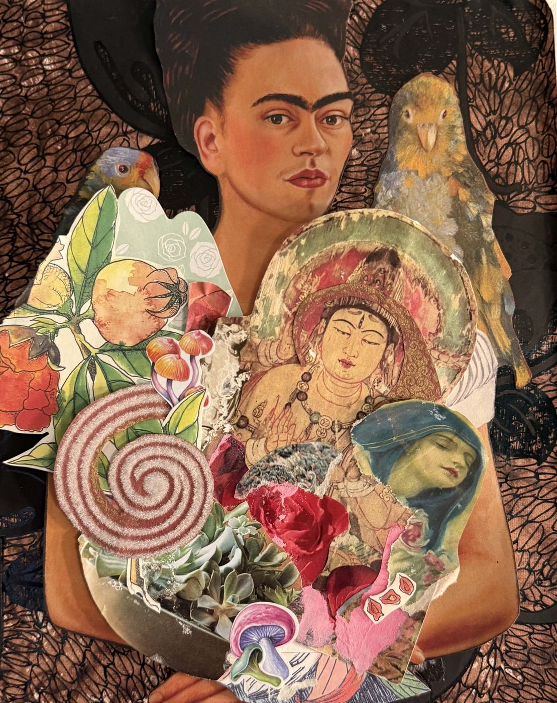 Collage of Frida Kahlo surrounded by cut-paper flowers, fruit, a pink spiral and portraits of women.