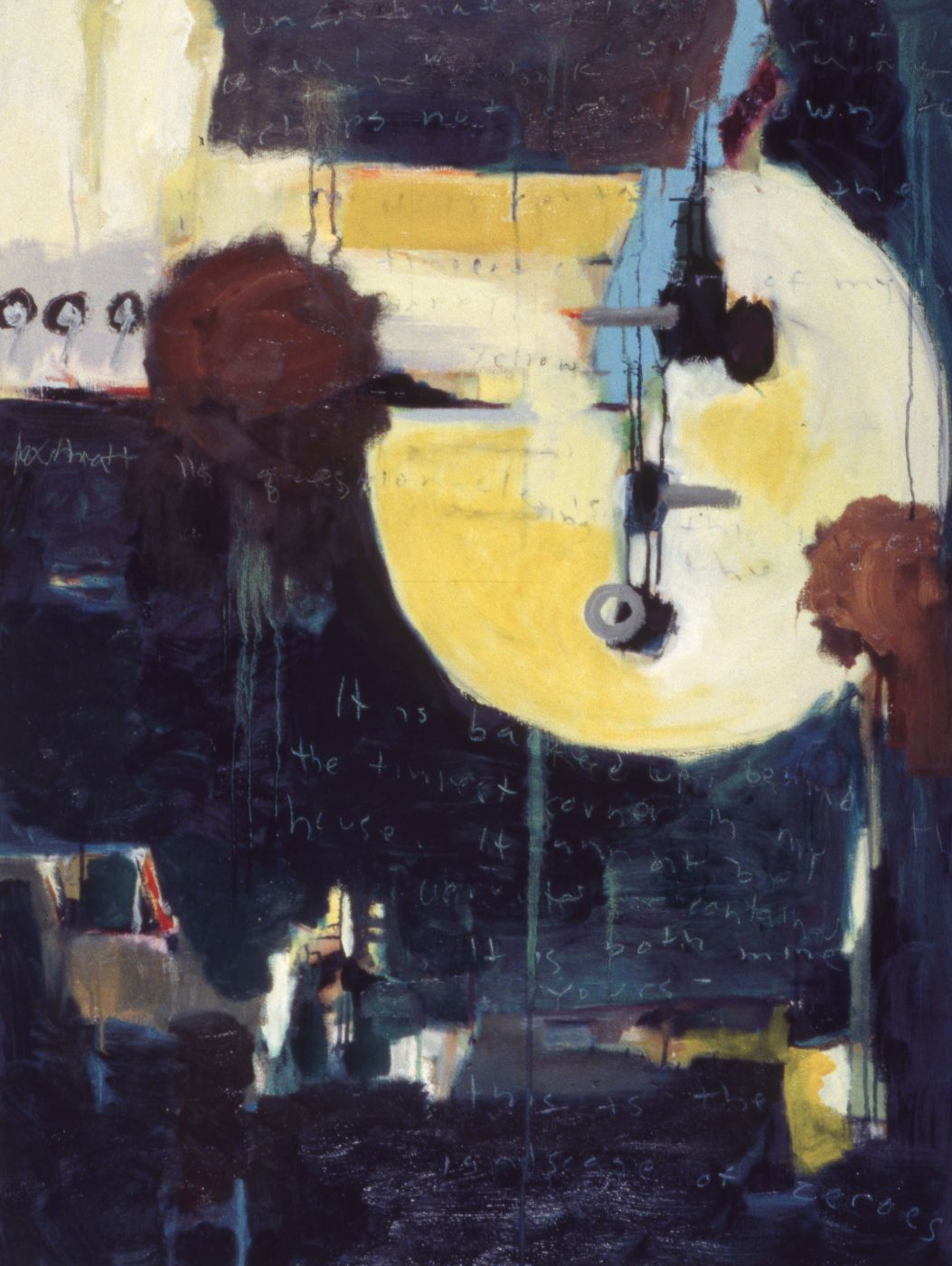 Painting of a large yellow and white moon-like form over a dark blue ground written over with text.