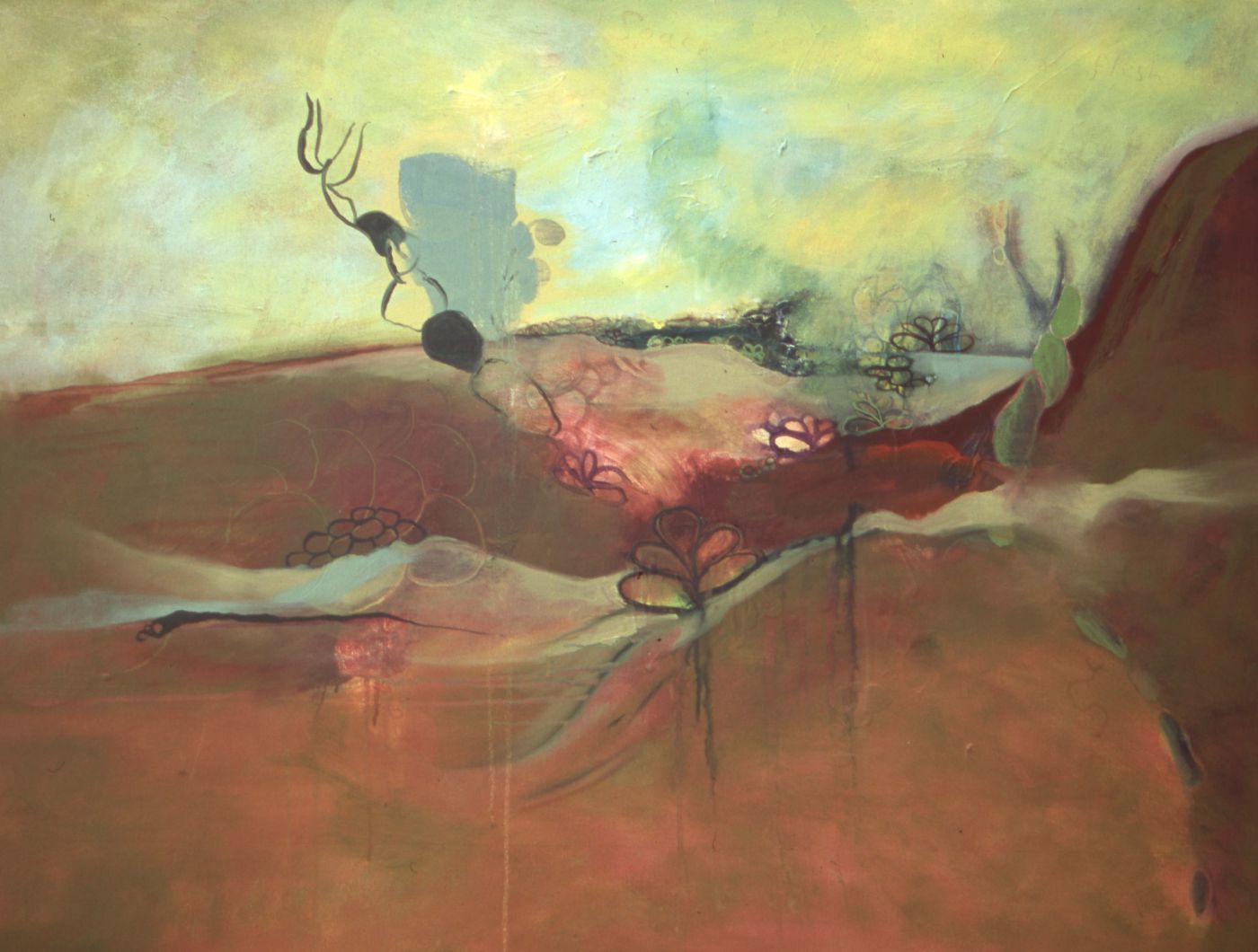 Painting of a pale green sky over a rust-colored landscape, with dark plant forms on the horizon.