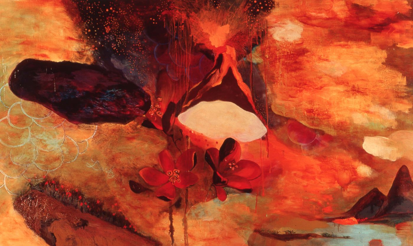 Painting of a dark seed-like form and a pale cloud in a fiery orange and red landscape.
