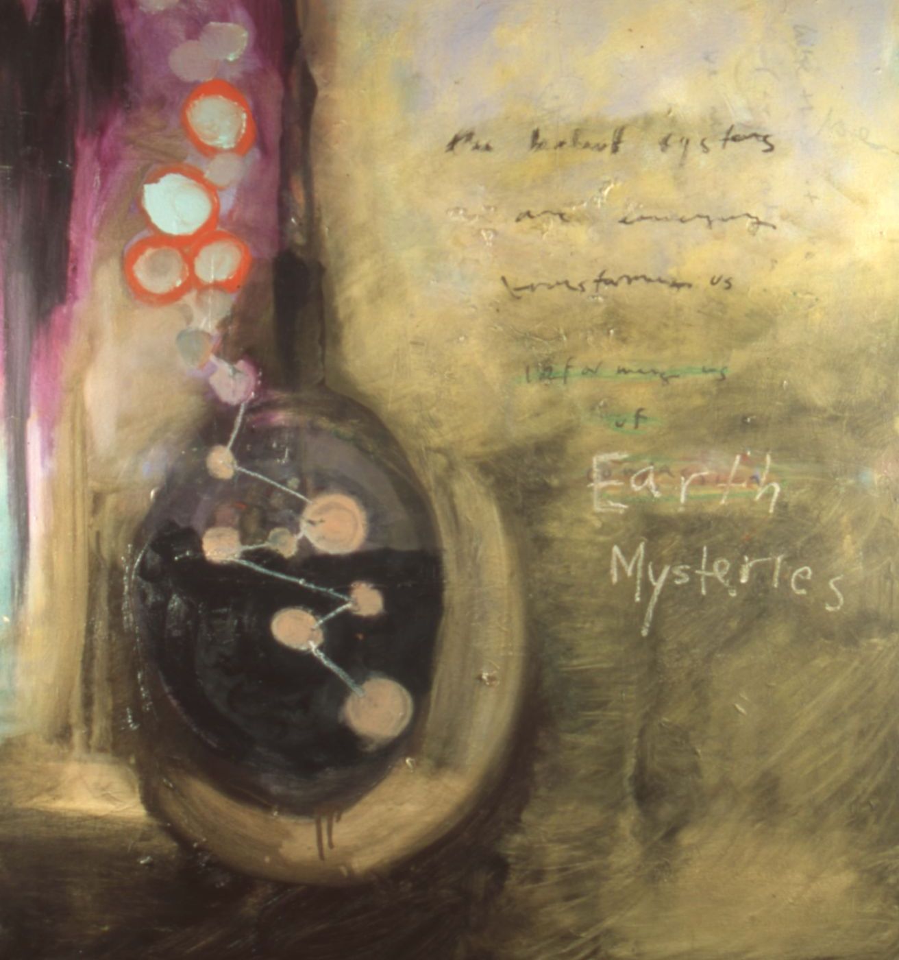 Detail of a painting with a dark oval of linked pale circles, beside handwritten lines and the words “Earth Mysteries.”