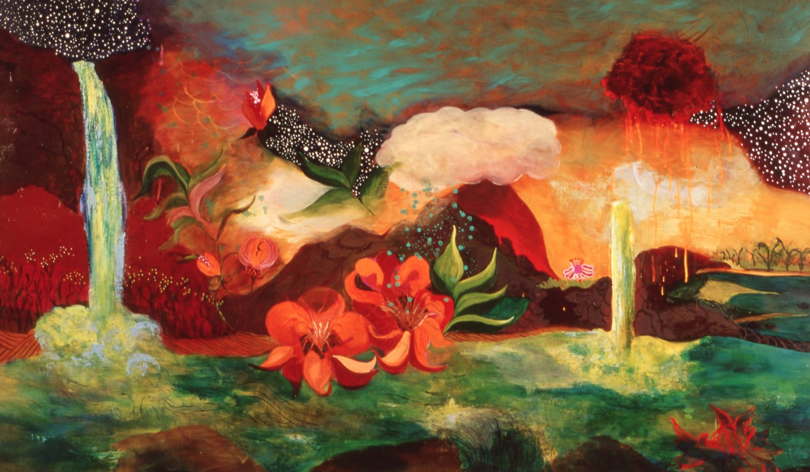 Painting of a waterfall and orange lilies beside a green pool, under a turquoise sky with a white cloud and starry patches.