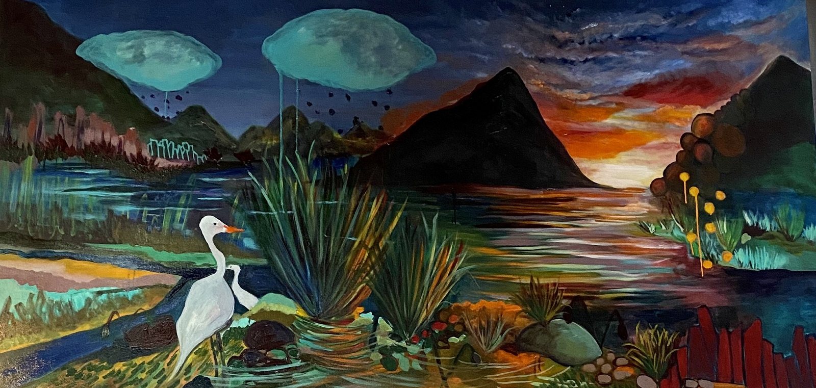 Painting of a white egret among tall grasses at the edge of a lagoon, with dark peaks, a sunset sky and two pale green clouds.