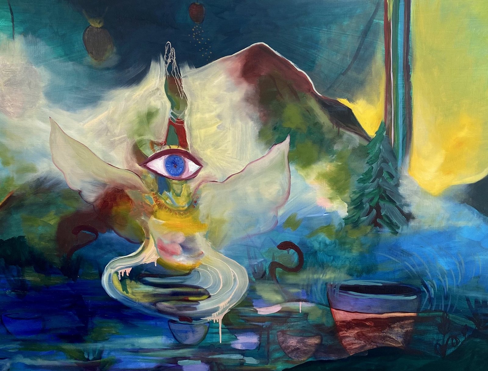 Painting of a luminous lotus figure with an open eye at its heart, rising from blue water before misty mountains.