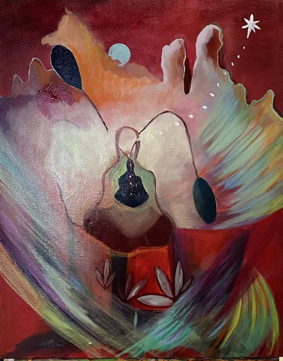 Painting of a seated figure inside a glowing butterfly-like form on a deep red ground, with a small moon and a star.