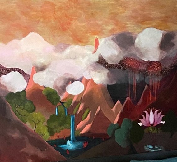 Painting of red mountain peaks under an orange sky with billowing pink and white clouds, a blue waterfall and a pink lotus.