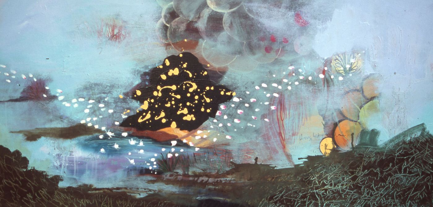 Detail of a pale blue painting with a black cloud flecked with gold, white petal-like marks over water and scratched dark ground.