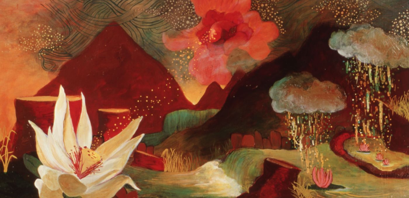 Painting of dark red mountains and a large white lotus, with a pink blossom in a swirling sky and small rain clouds over a pond.