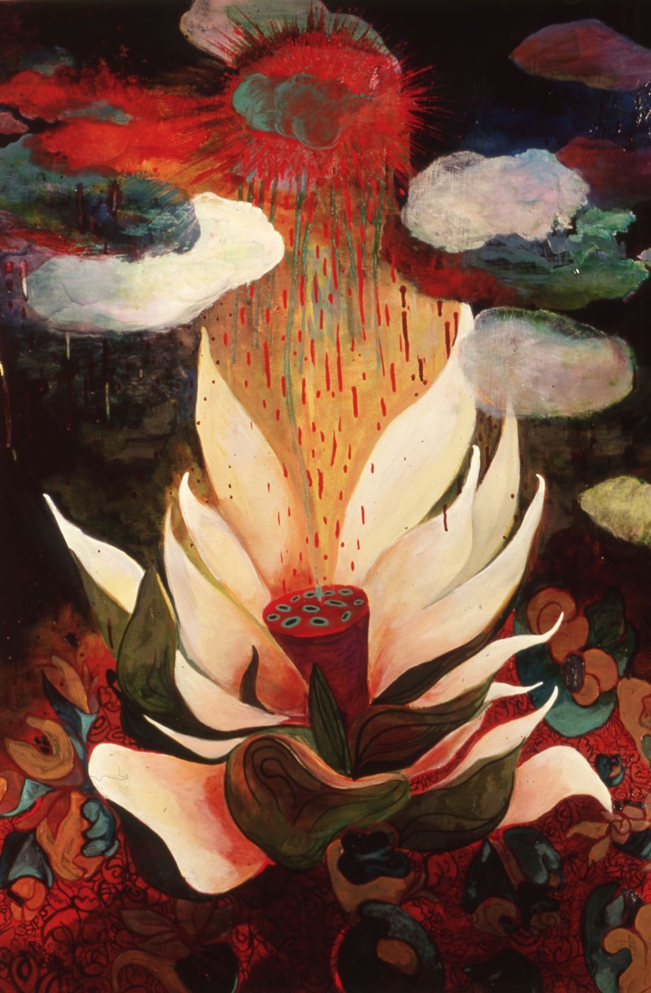 Painting of a white lotus with a red seed pod, with rain falling from a red burst in a dark sky with pale clouds.