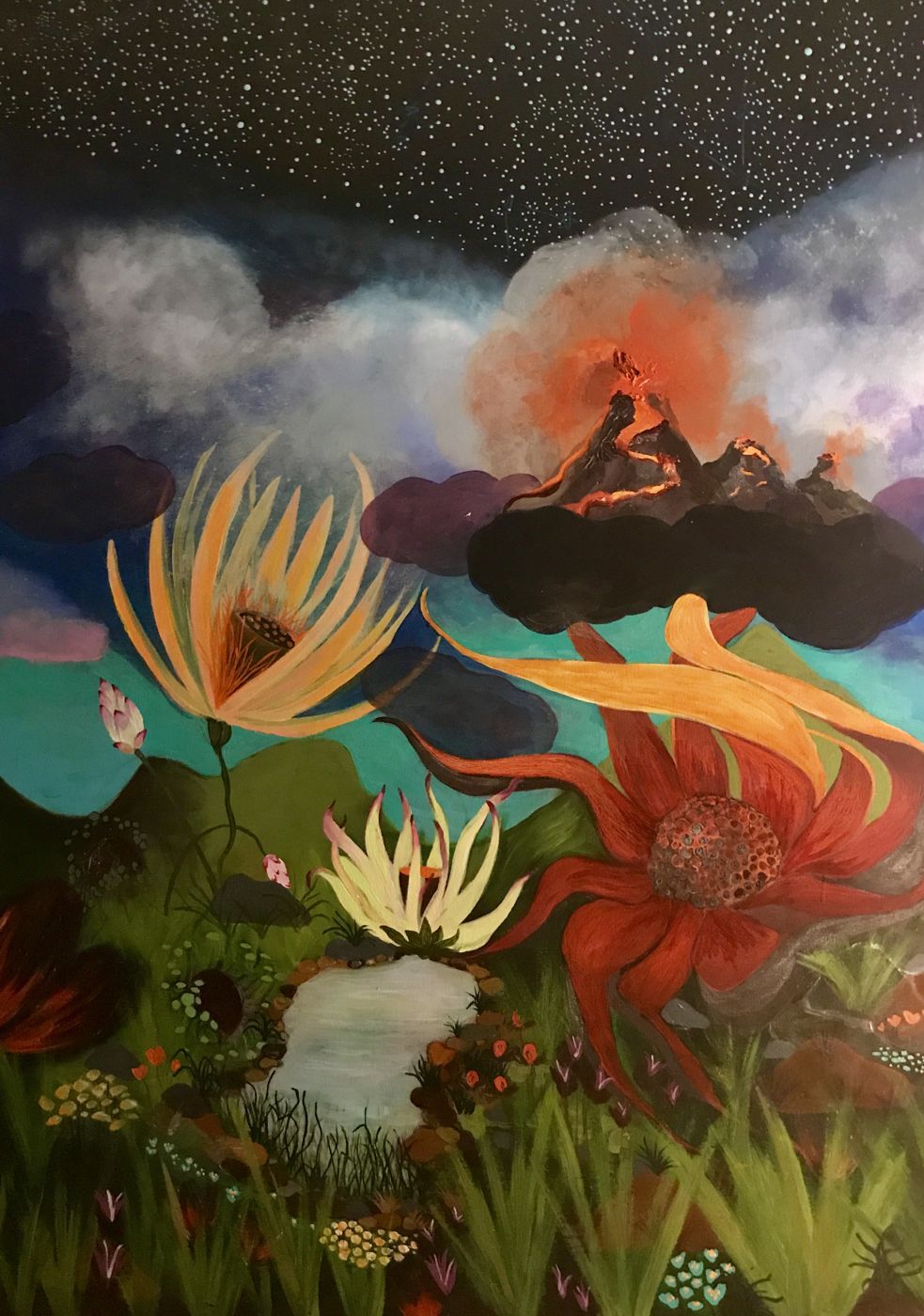 Painting of a starry night sky over clouds and an erupting volcano on a dark cloud, above a garden of oversized flowers in orange, red and cream around a pale pool.