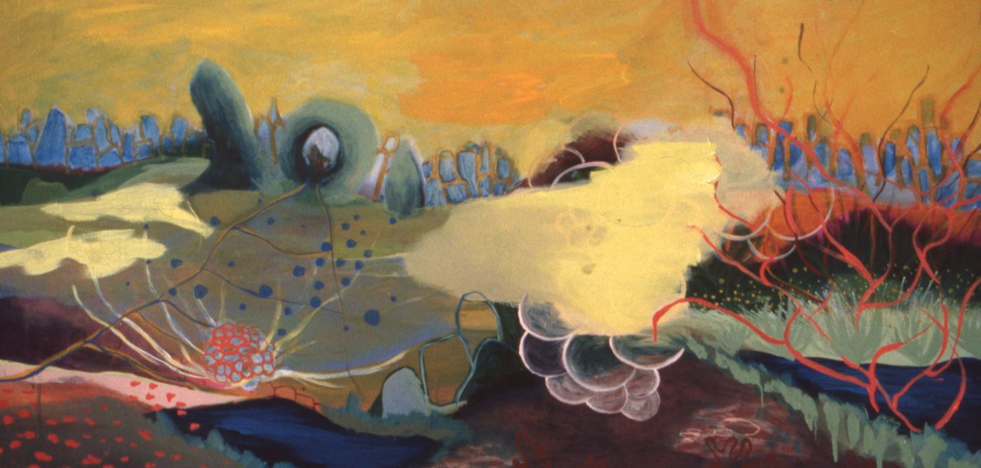 Painting of a dreamlike landscape under a golden-orange sky, with blue stone forms on the horizon, a pale yellow cloud and red branching lines.