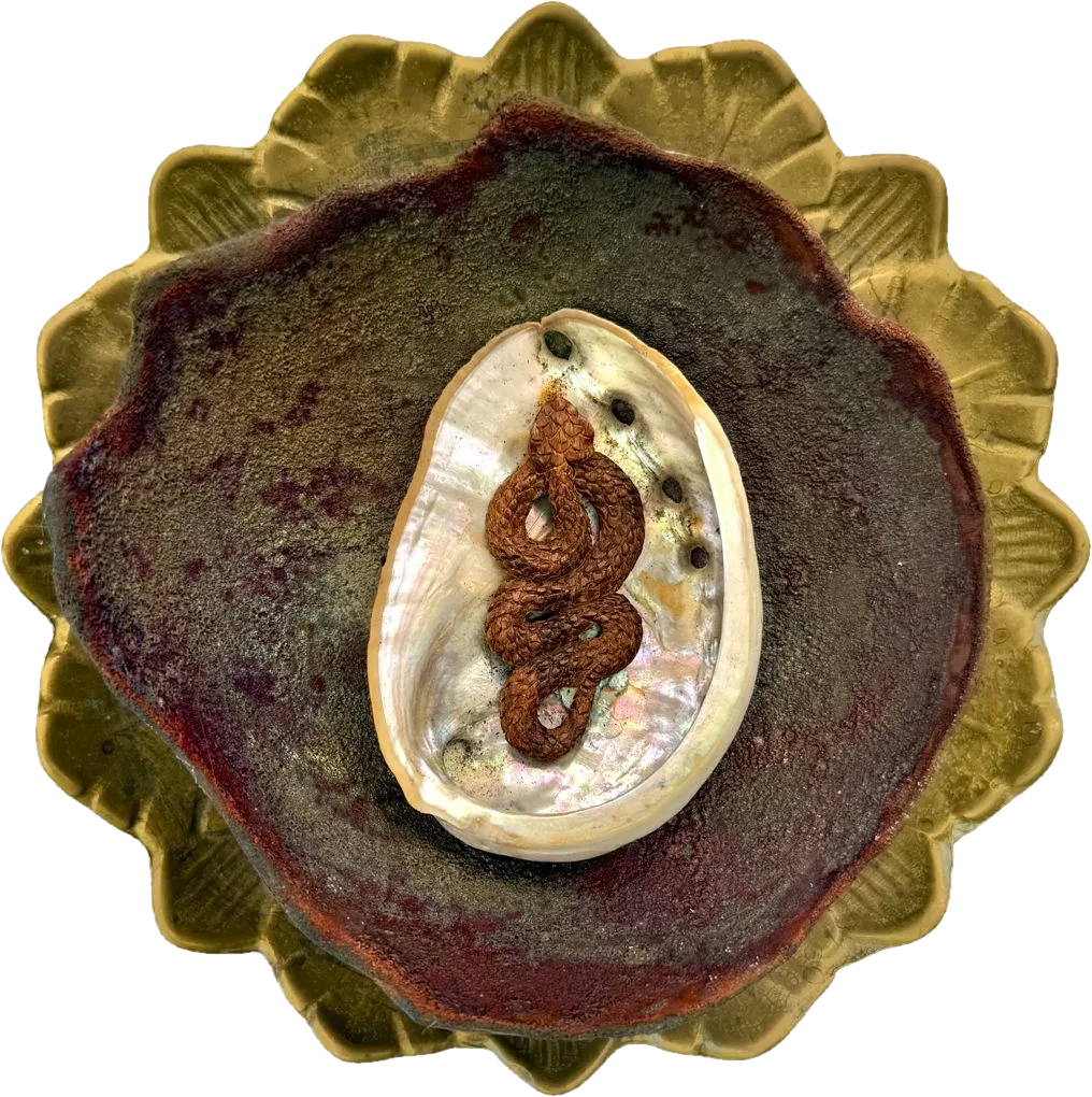 A carved snake coiled in an abalone shell, set in a raku dish on a brass lotus plate.