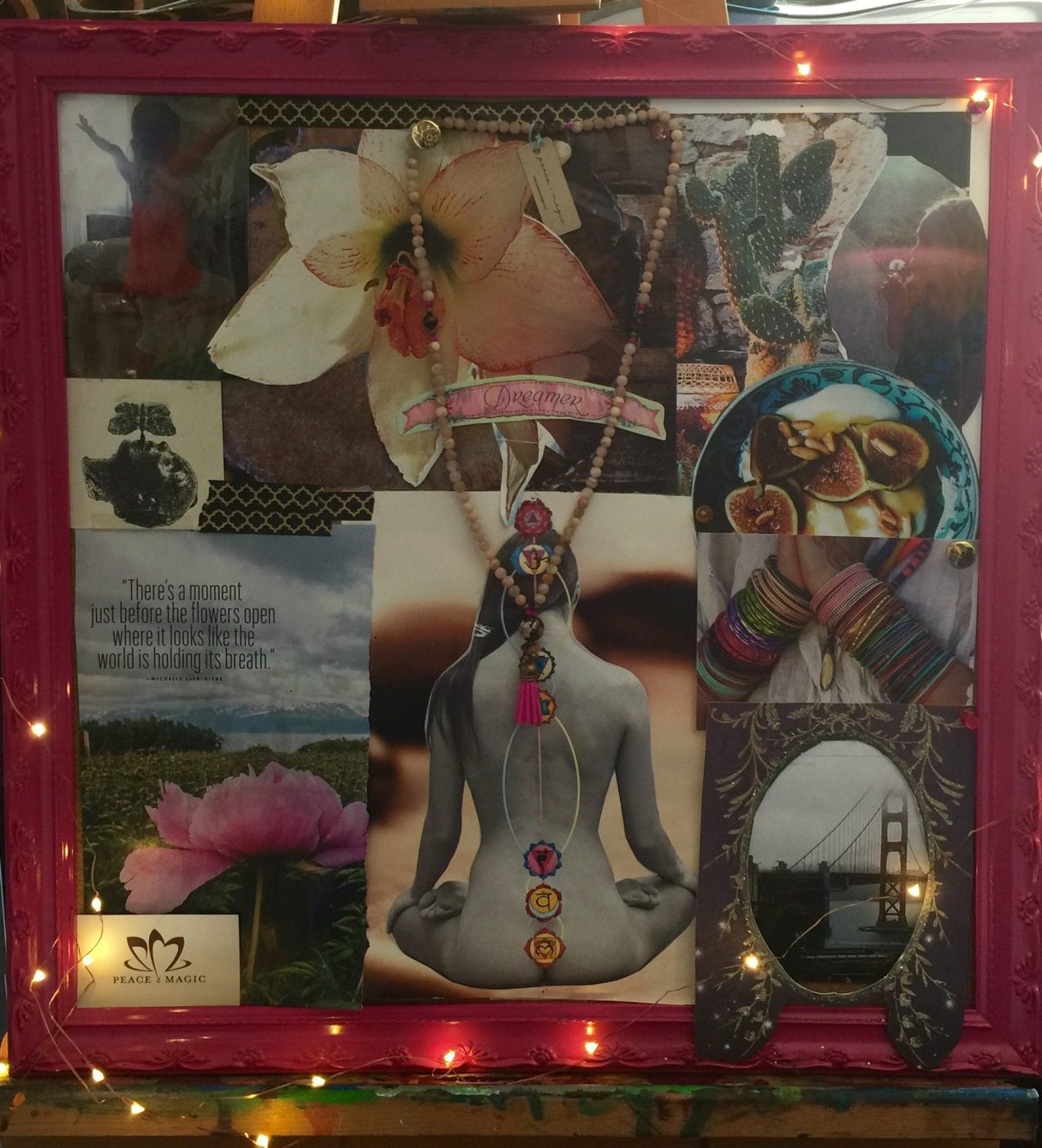 A vision board collage in a pink frame lit with string lights.